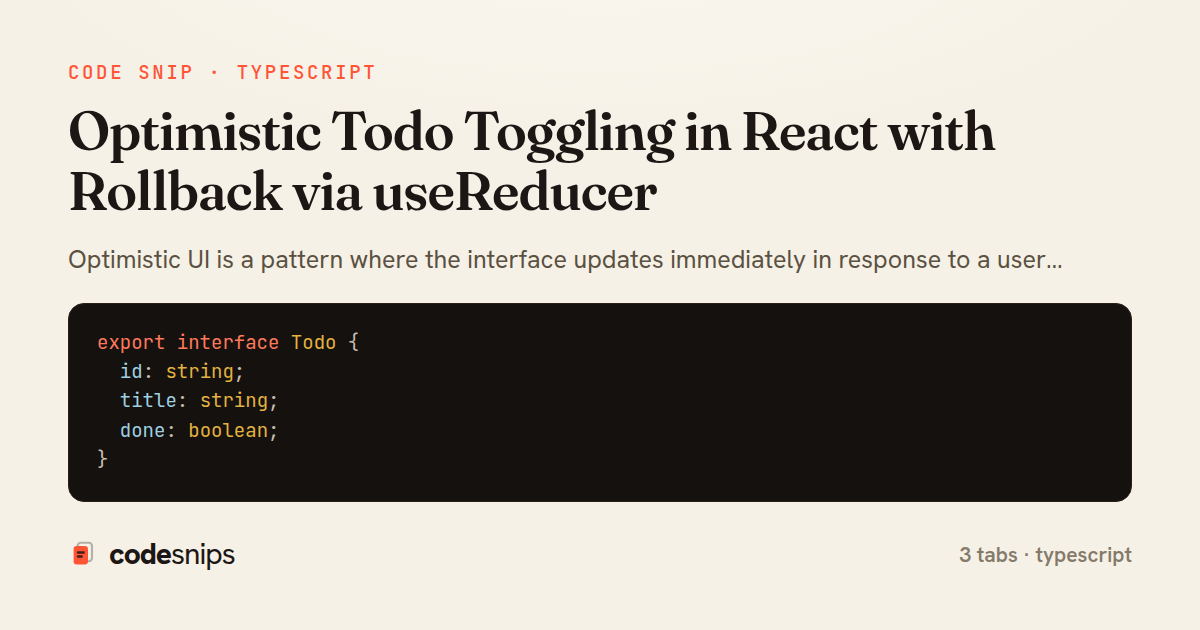 Optimistic Todo Toggling in React with Rollback via useReducer — share card