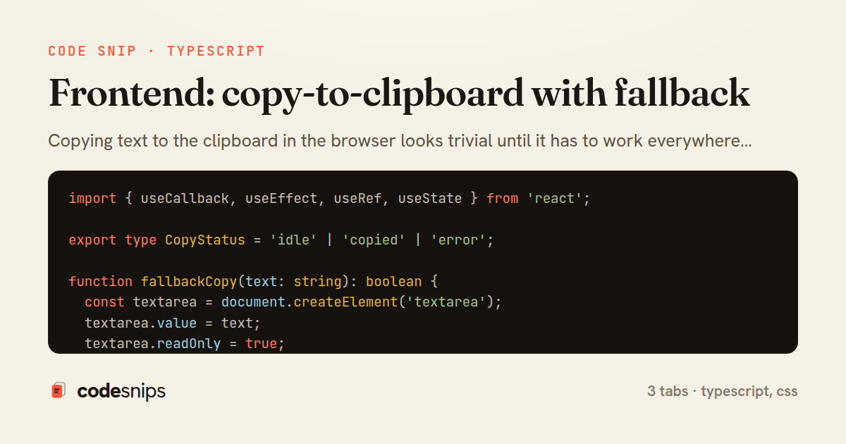 Frontend: copy-to-clipboard with fallback — share card