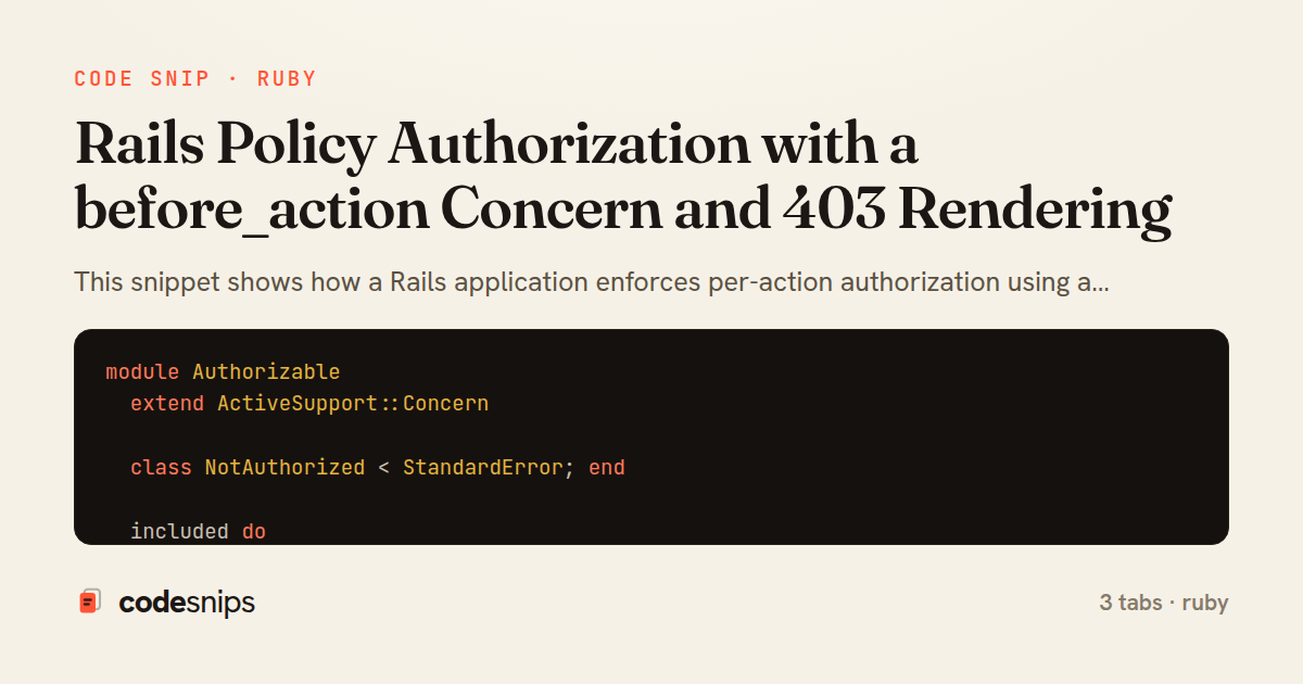 Rails Policy Authorization with a before_action Concern and 403 Rendering — share card