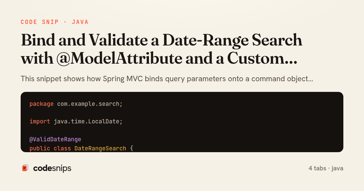Bind and Validate a Date-Range Search with @ModelAttribute and a Custom PropertyEditor — share card