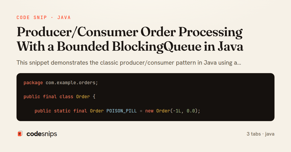 Producer/Consumer Order Processing With a Bounded BlockingQueue in Java — share card
