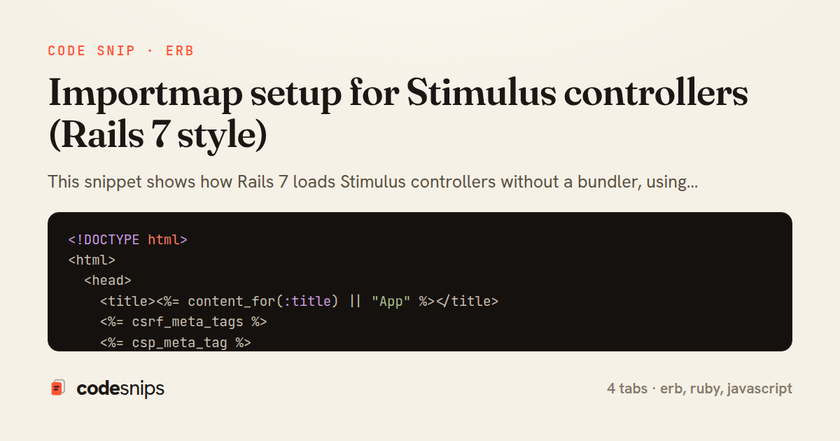 Importmap setup for Stimulus controllers (Rails 7 style) — share card