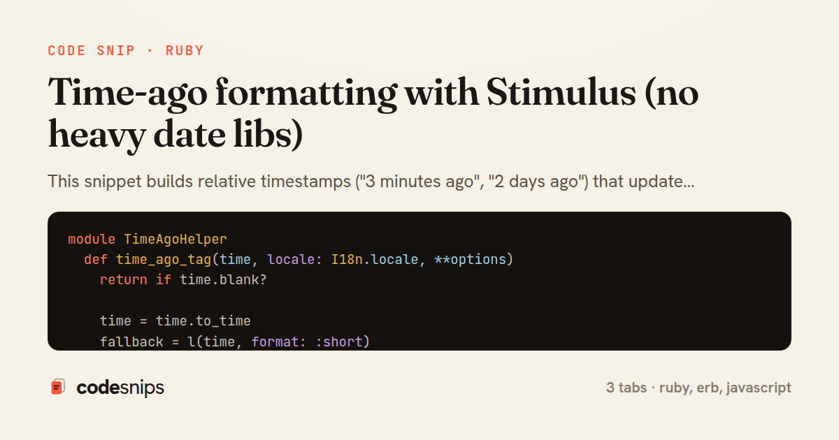 Time-ago formatting with Stimulus (no heavy date libs) — share card