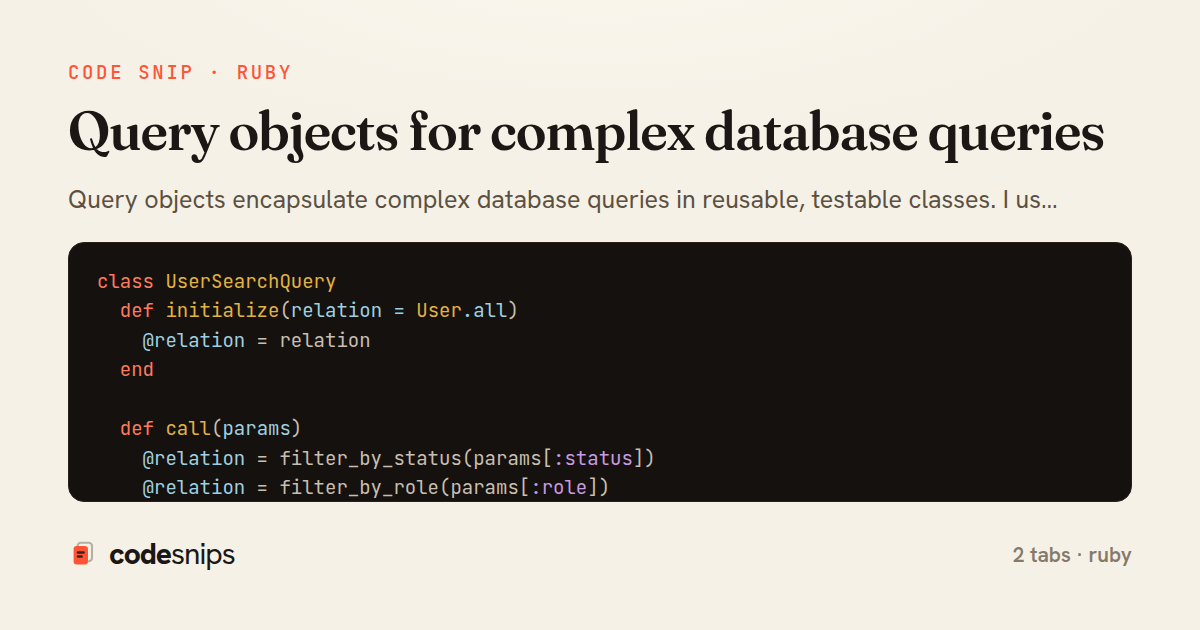Query objects for complex database queries — share card
