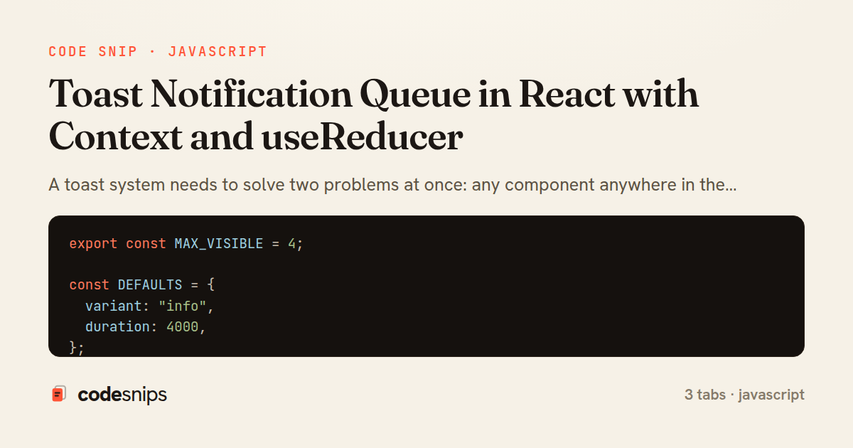 Toast Notification Queue in React with Context and useReducer — share card