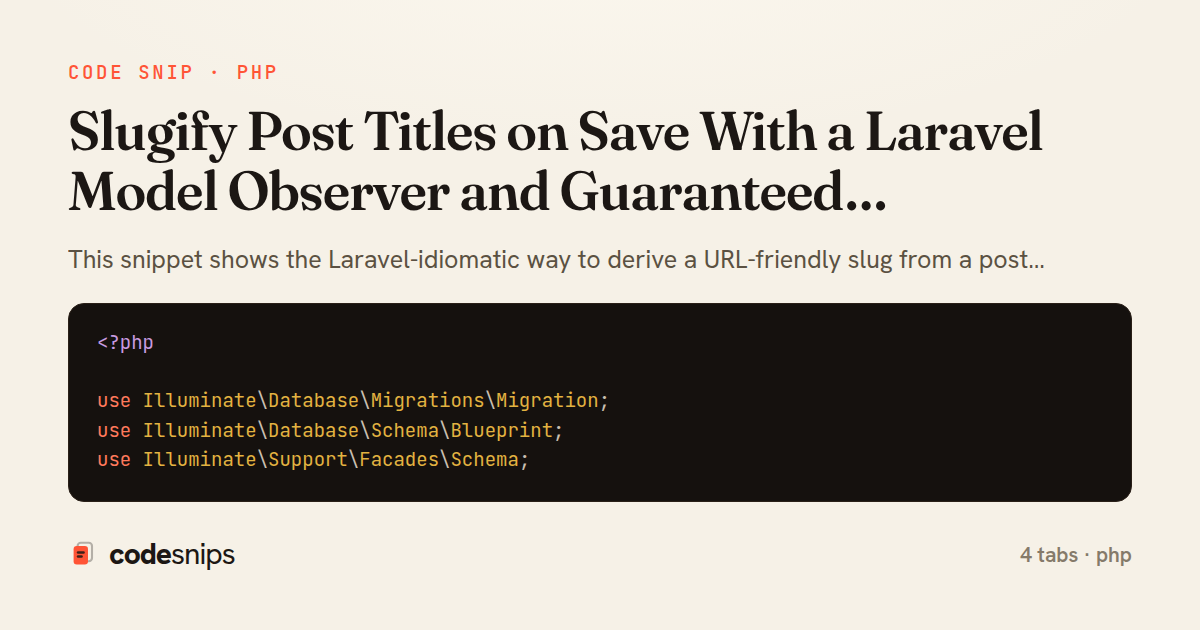 Slugify Post Titles on Save With a Laravel Model Observer and Guaranteed Uniqueness — share card