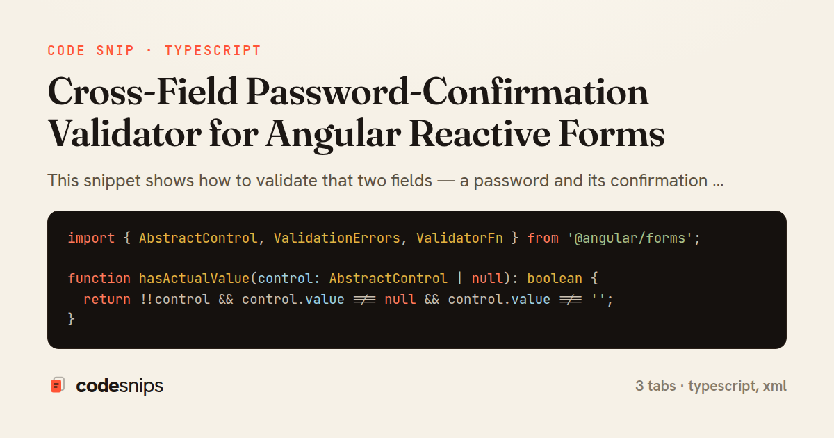 Cross-Field Password-Confirmation Validator for Angular Reactive Forms — share card