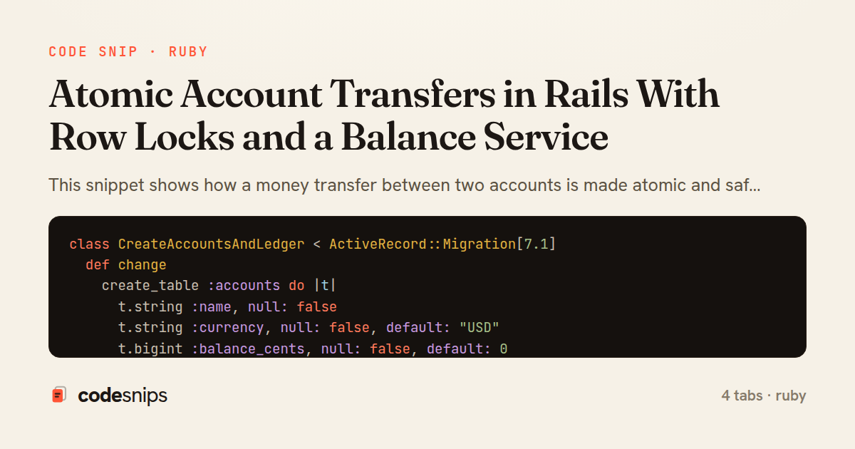 Atomic Account Transfers in Rails With Row Locks and a Balance Service — share card
