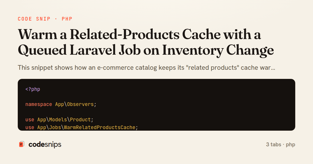 Warm a Related-Products Cache with a Queued Laravel Job on Inventory Change — share card