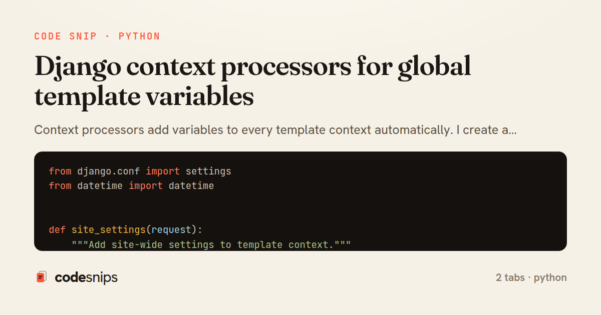 Django context processors for global template variables — share card