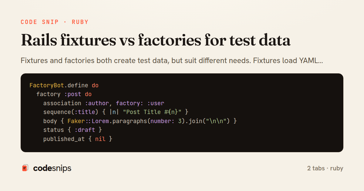 Rails fixtures vs factories for test data — share card