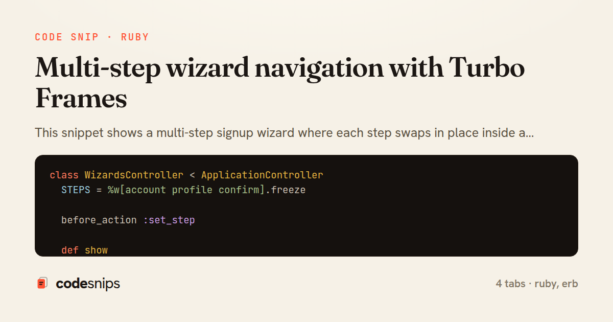 Multi-step wizard navigation with Turbo Frames — share card