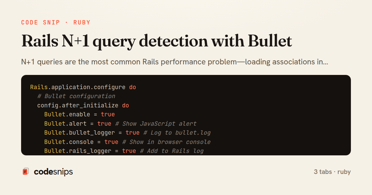 Rails N+1 query detection with Bullet — share card