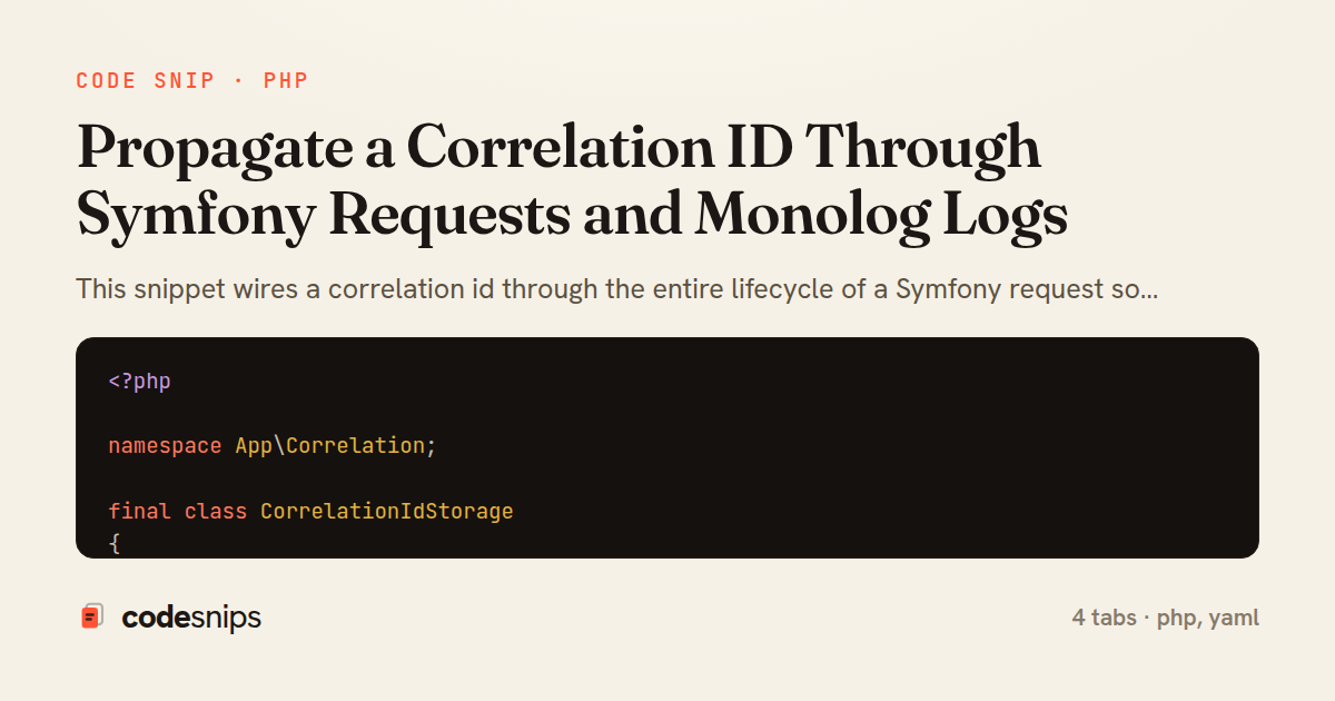 Propagate a Correlation ID Through Symfony Requests and Monolog Logs — share card