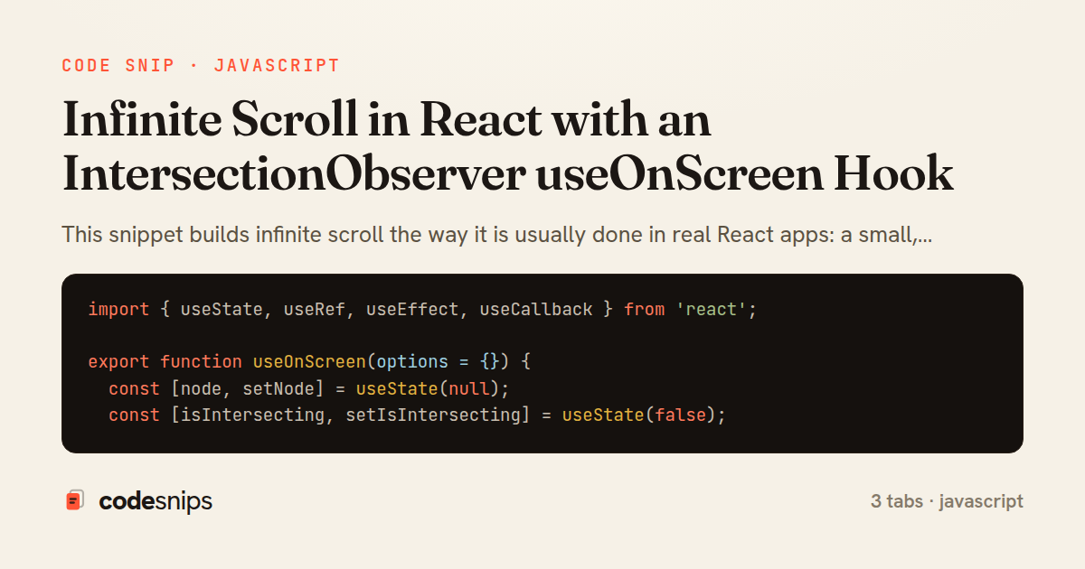 Infinite Scroll in React with an IntersectionObserver useOnScreen Hook — share card