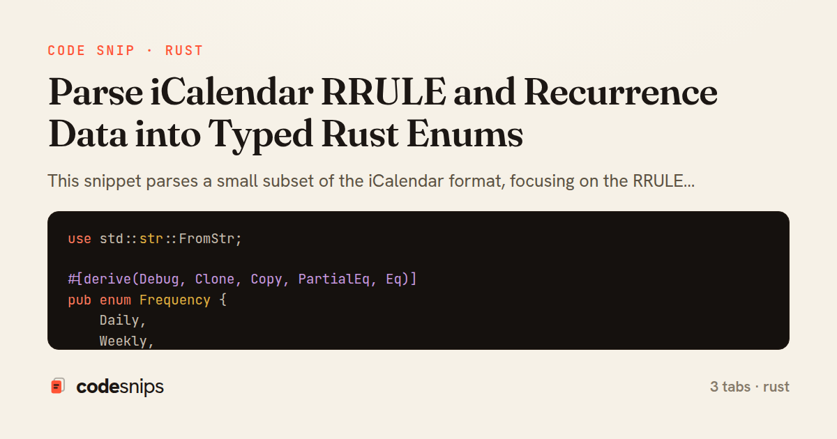 Parse iCalendar RRULE and Recurrence Data into Typed Rust Enums — share card