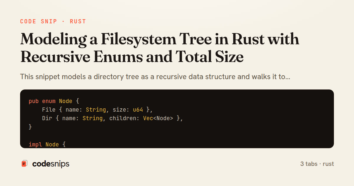 Modeling a Filesystem Tree in Rust with Recursive Enums and Total Size — share card