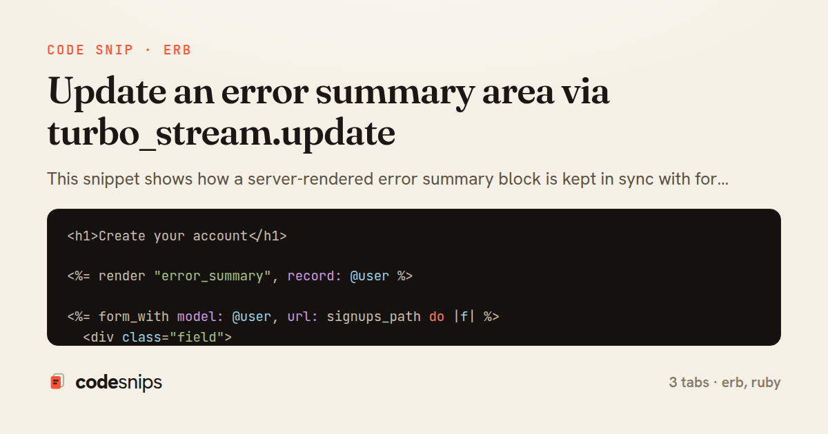 Update an error summary area via turbo_stream.update — share card