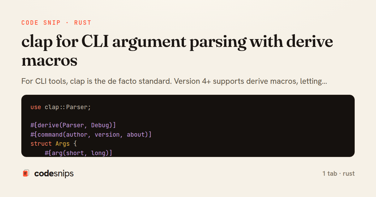 clap for CLI argument parsing with derive macros — share card
