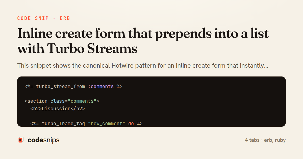 Inline create form that prepends into a list with Turbo Streams — share card