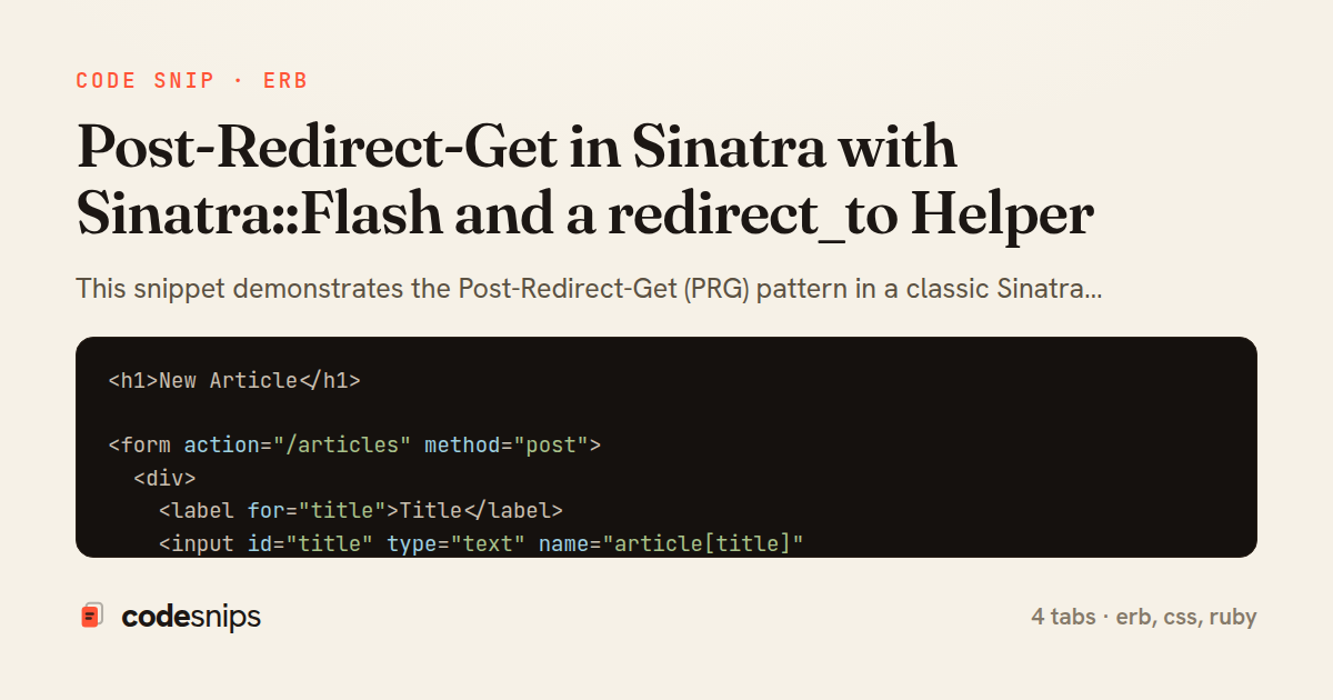 Post-Redirect-Get in Sinatra with Sinatra::Flash and a redirect_to Helper — share card