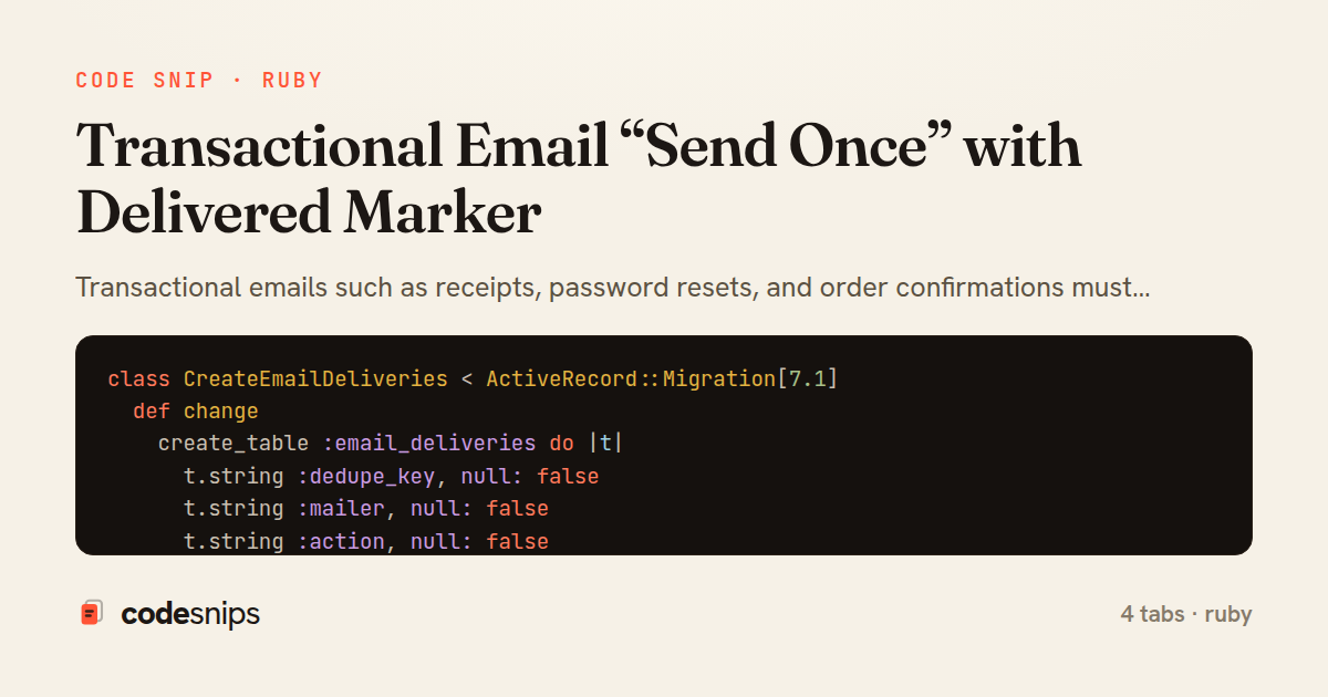Transactional Email “Send Once” with Delivered Marker — share card