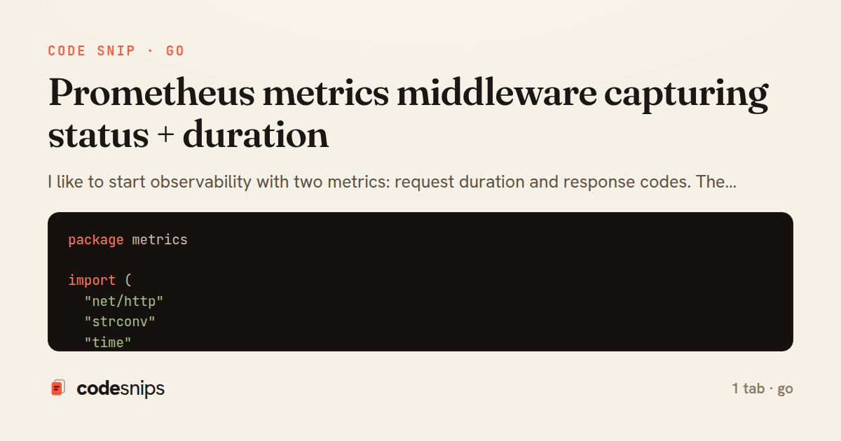 Prometheus metrics middleware capturing status + duration — share card