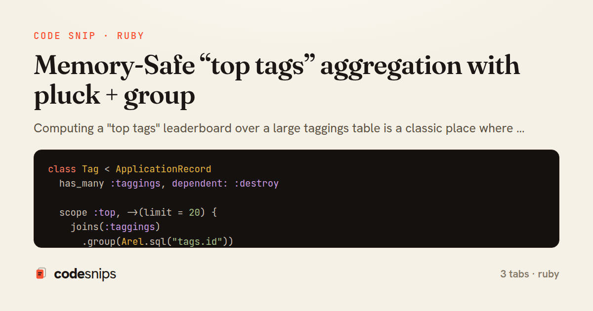 Memory-Safe “top tags” aggregation with pluck + group — share card