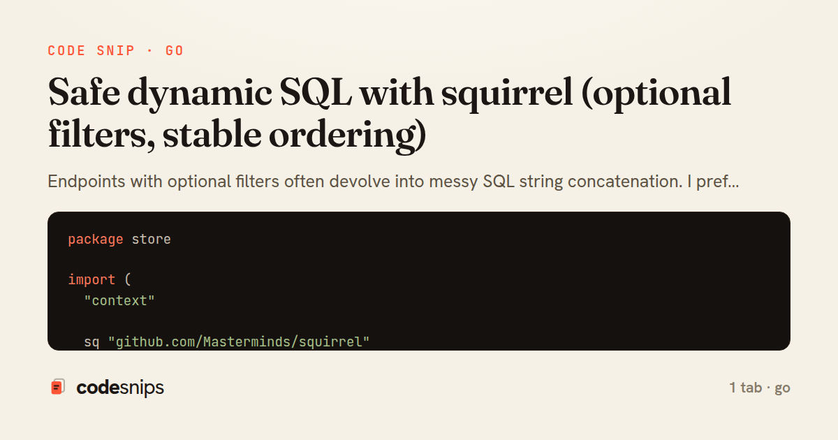 Safe dynamic SQL with squirrel (optional filters, stable ordering) — share card
