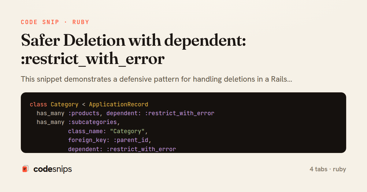 Safer Deletion with dependent: :restrict_with_error — share card
