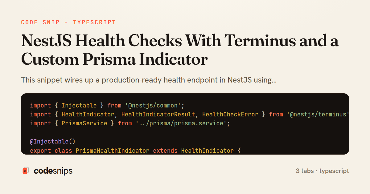 NestJS Health Checks With Terminus and a Custom Prisma Indicator — share card