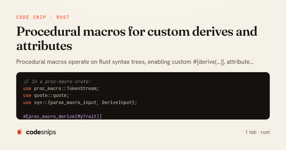 Procedural macros for custom derives and attributes — share card