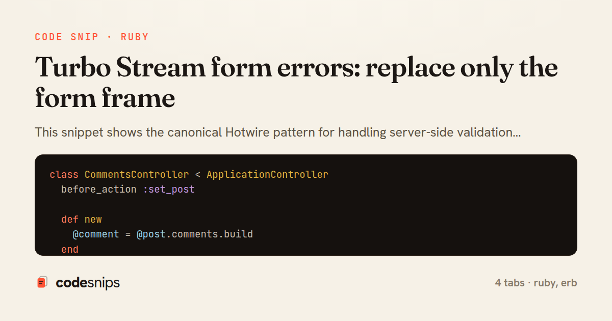 Turbo Stream form errors: replace only the form frame — share card