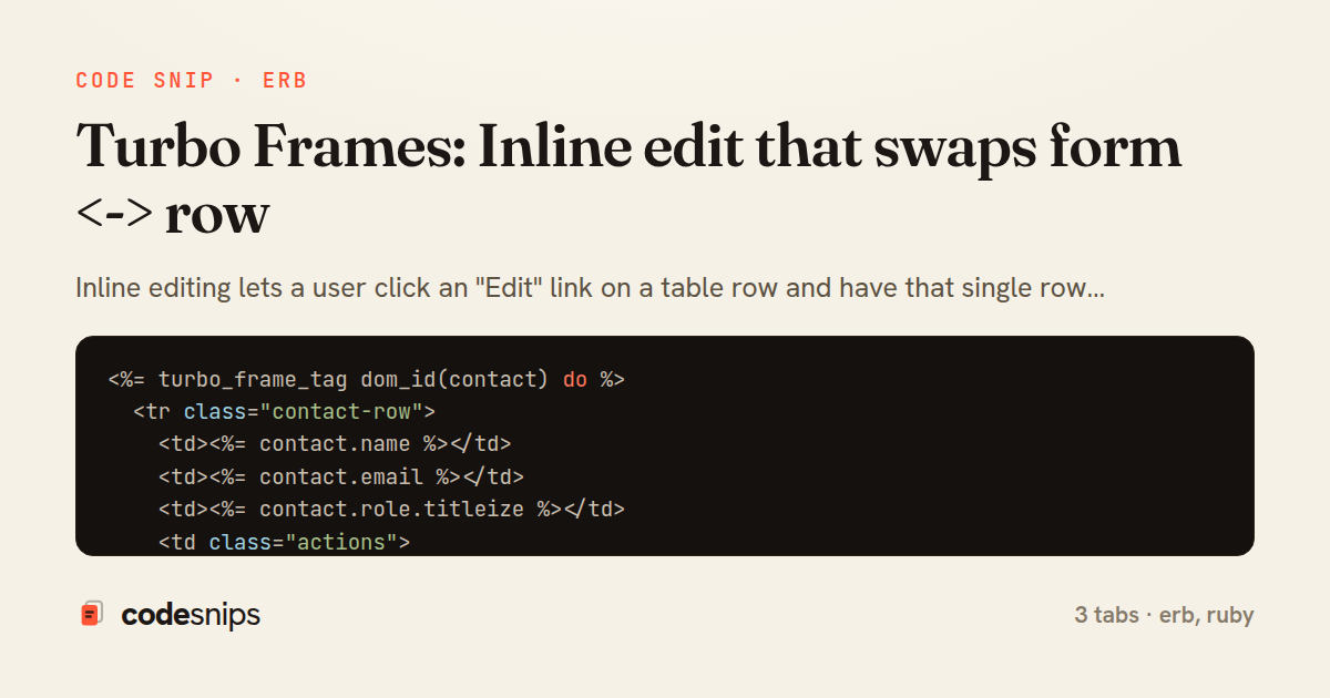 Turbo Frames: Inline edit that swaps form <-> row — share card