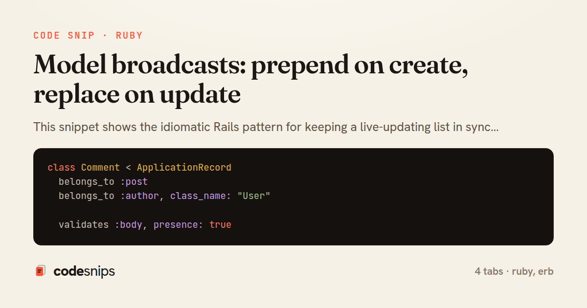 Model broadcasts: prepend on create, replace on update — share card