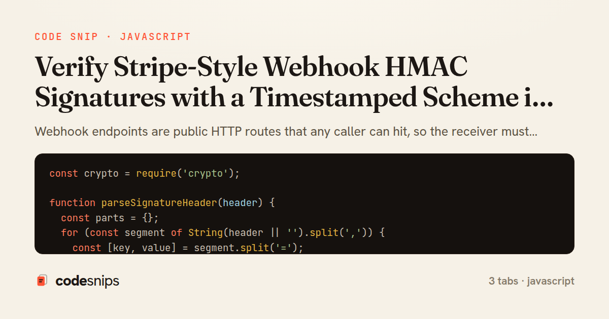 Verify Stripe-Style Webhook HMAC Signatures with a Timestamped Scheme in Express — share card