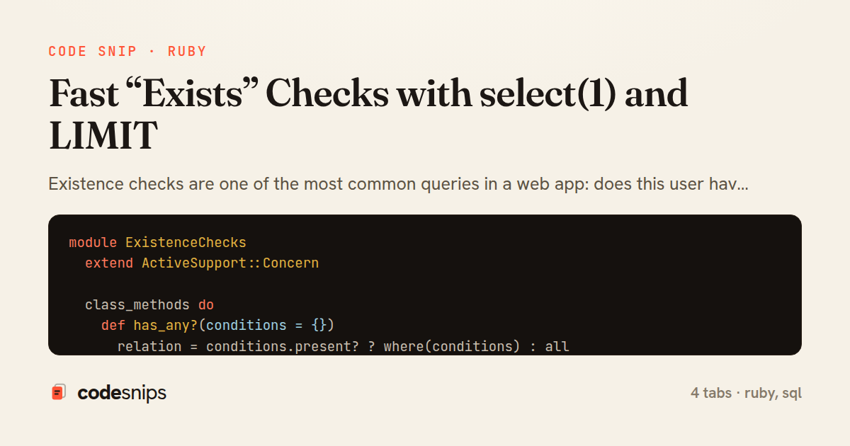 Fast “Exists” Checks with select(1) and LIMIT — share card