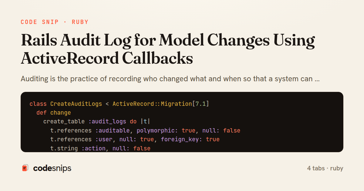 Rails Audit Log for Model Changes Using ActiveRecord Callbacks — share card