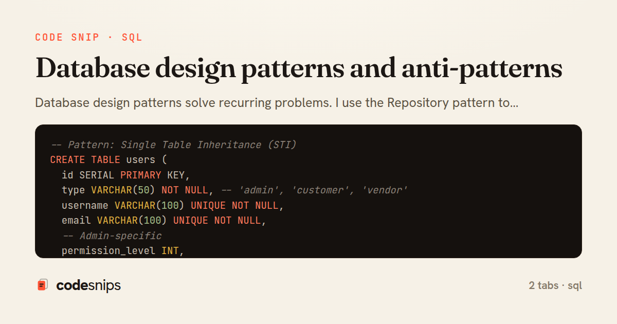 Database design patterns and anti-patterns — share card