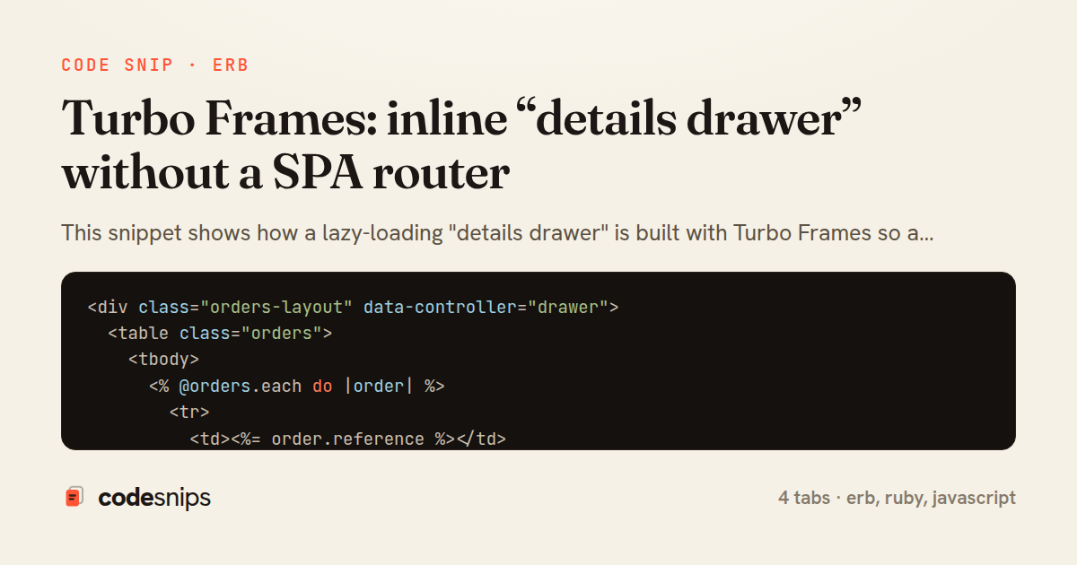 Turbo Frames: inline “details drawer” without a SPA router — share card