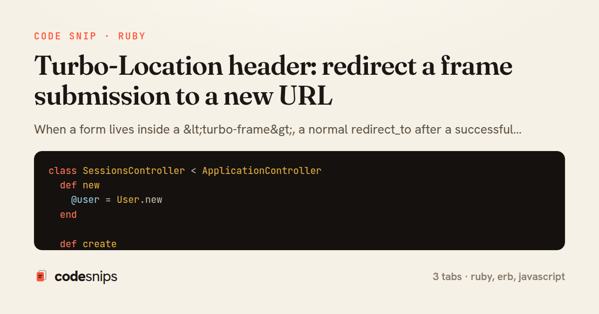 Turbo-Location header: redirect a frame submission to a new URL — share card