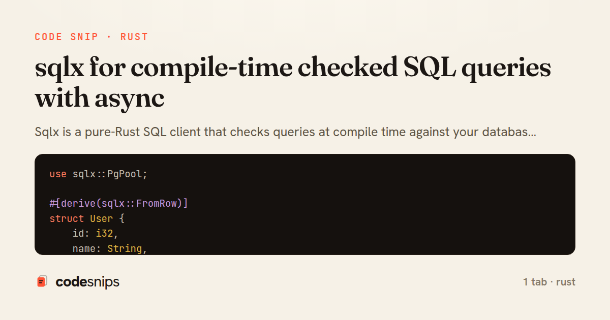 sqlx for compile-time checked SQL queries with async — share card
