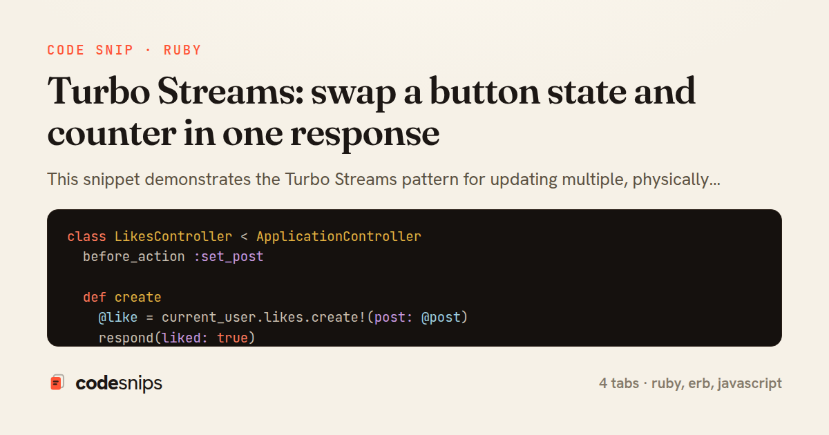 Turbo Streams: swap a button state and counter in one response — share card