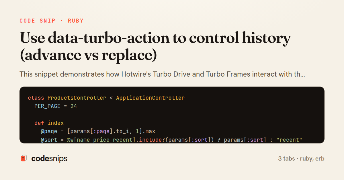 Use data-turbo-action to control history (advance vs replace) — share card