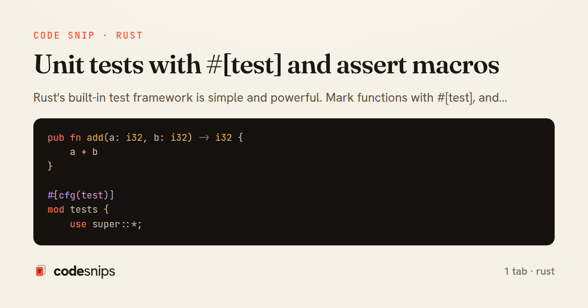 Unit tests with #[test] and assert macros — share card