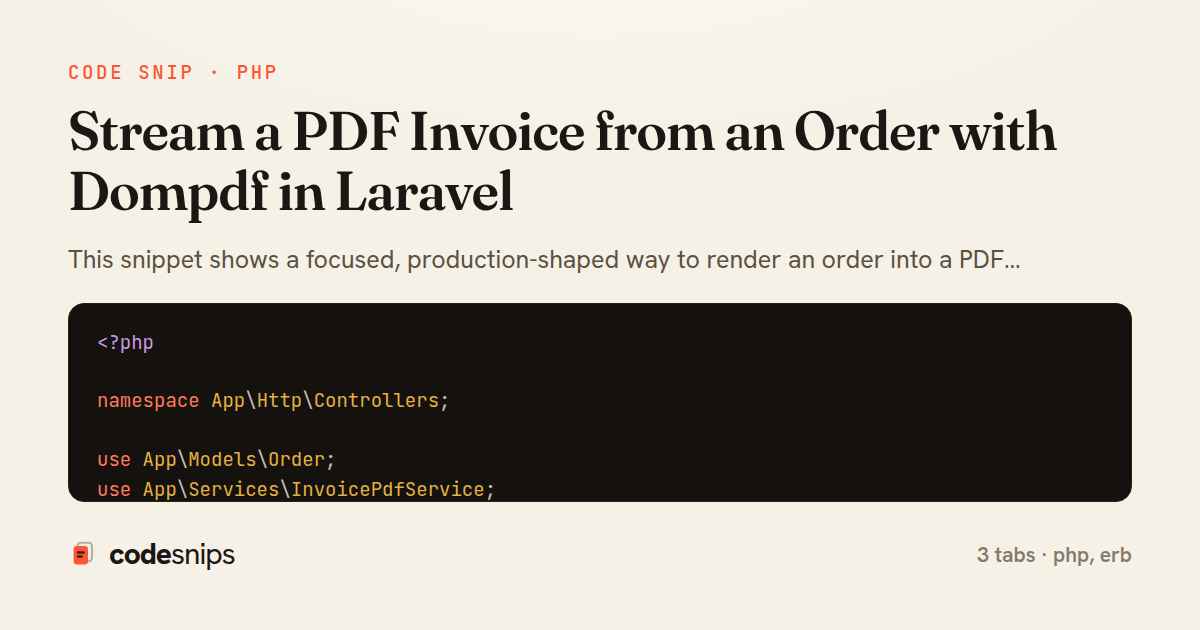 Stream a PDF Invoice from an Order with Dompdf in Laravel — share card