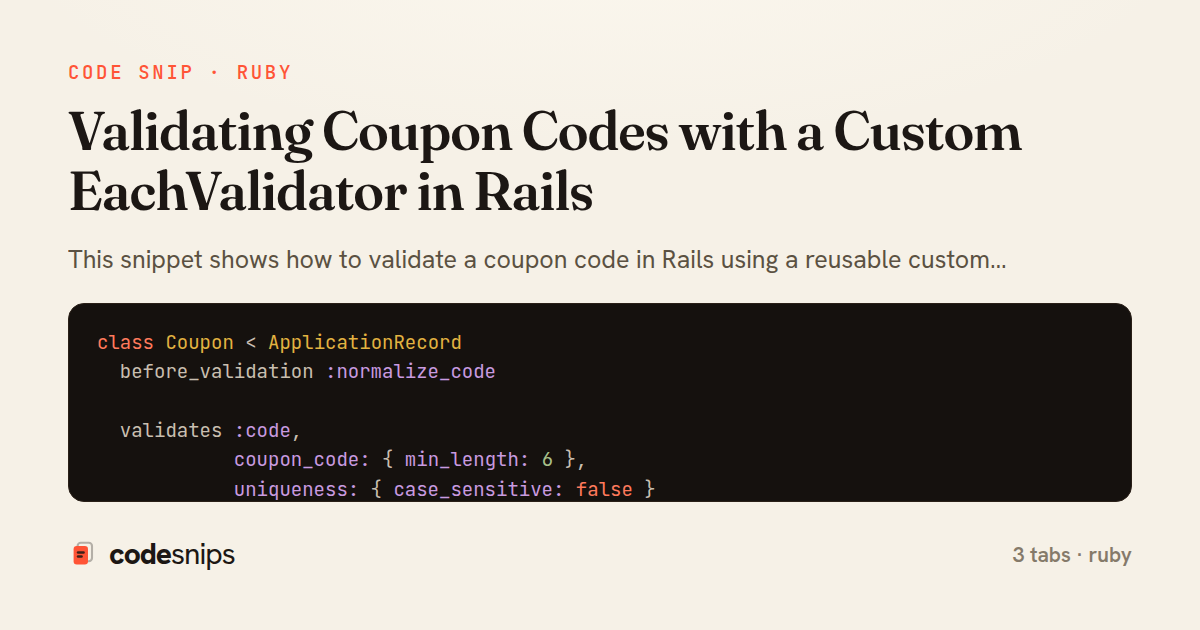 Validating Coupon Codes with a Custom EachValidator in Rails — share card