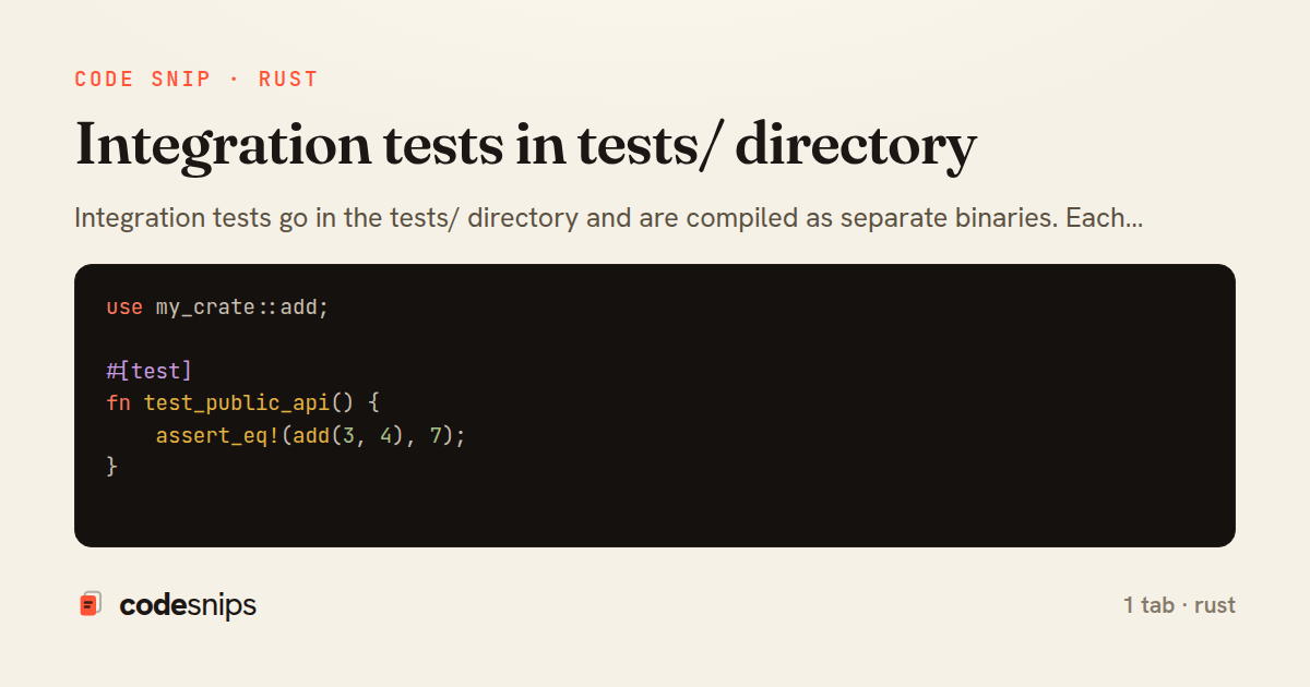 Integration tests in tests/ directory — share card