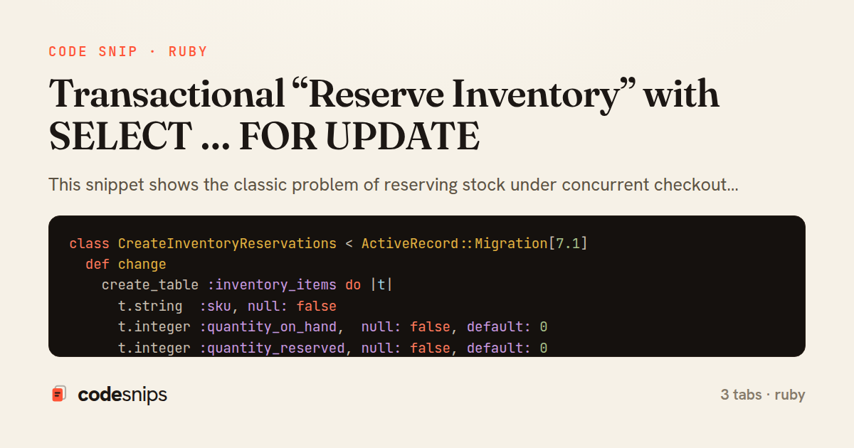 Transactional “Reserve Inventory” with SELECT … FOR UPDATE — share card