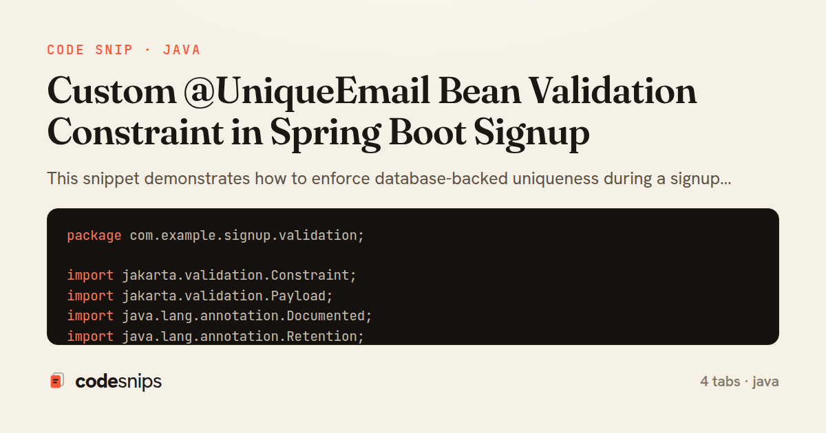 Custom @UniqueEmail Bean Validation Constraint in Spring Boot Signup — share card